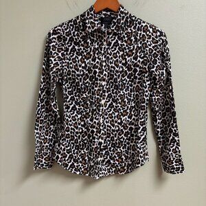 J Crew Womens Linen Cotton Leopard Print Slim Perfect Shirt Size XS Button